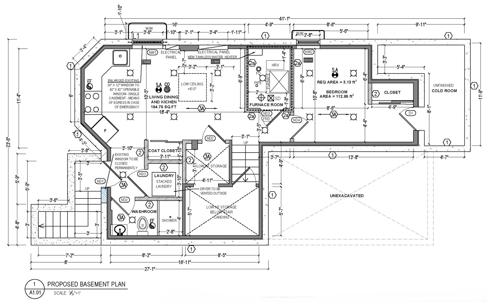 Proposed one-bedroom basement apartment plan with an enlarged egress window, HRV, tankless water heater, furnace room, and dedicated laundry and cold room
