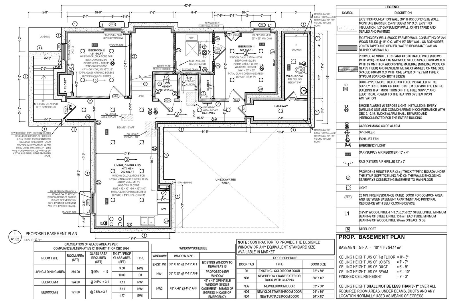 Two-bedroom legal basement apartment permit plan (OBC 2024)