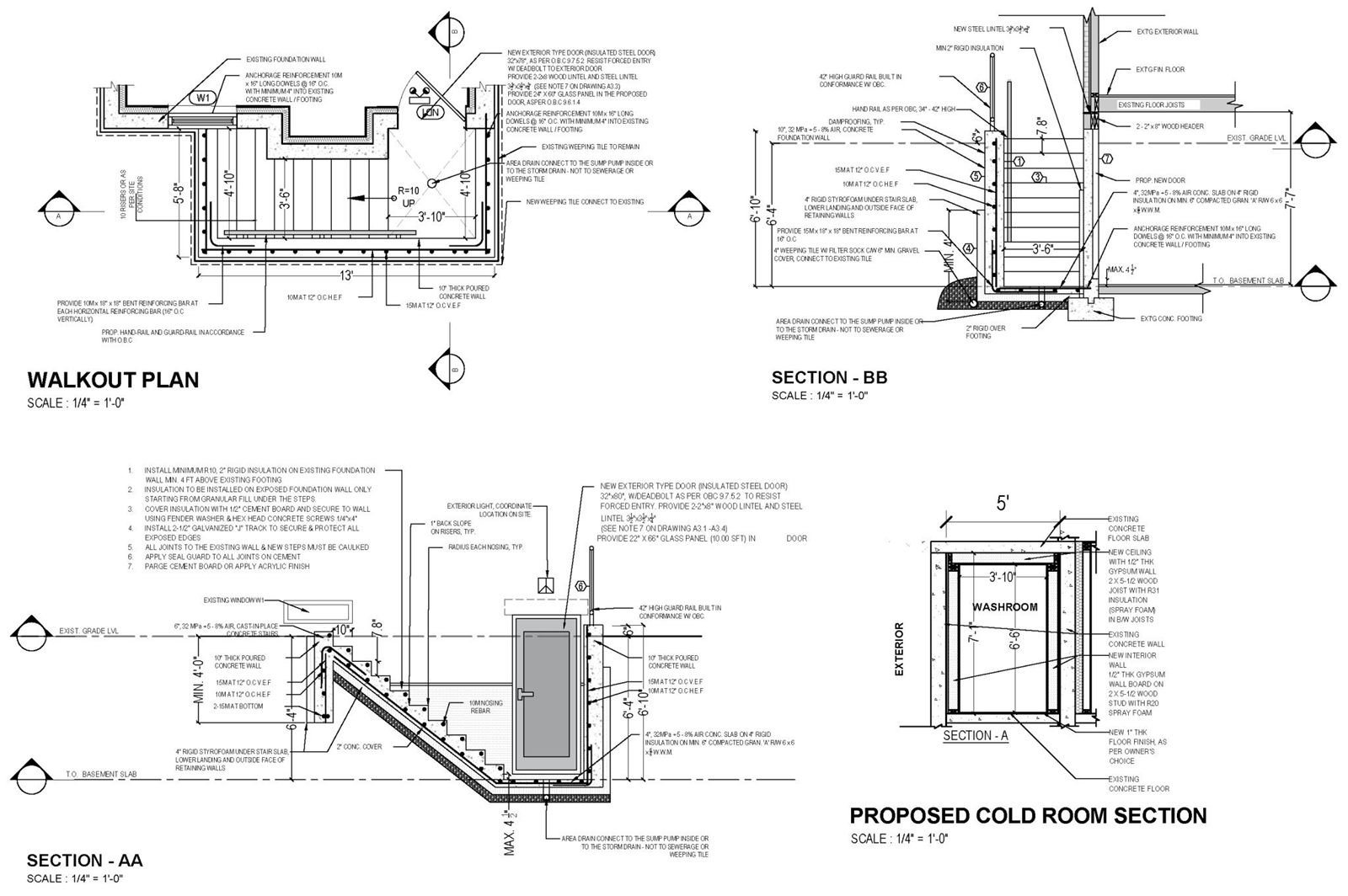 Structural sections and details for a walkout basement separate entrance, including cast-in-place concrete stairs, reinforcing schedule, guard and handrail details, and weeping-tile drainage